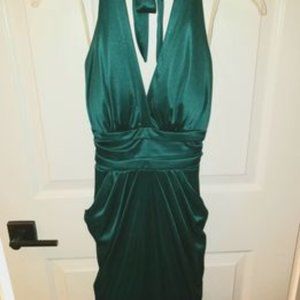 Dark Green Shiny Halter Dress w/Bow & Pockets